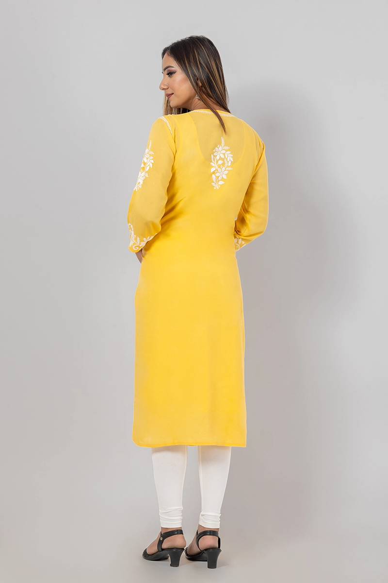 Hand Embroidered Lucknowi Chikankari Yellow Rayon Cotton Long  Kurti