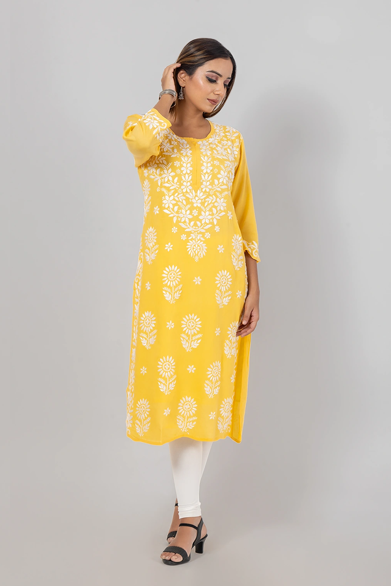 Hand Embroidered Lucknowi Chikankari Yellow Rayon Cotton Long  Kurti