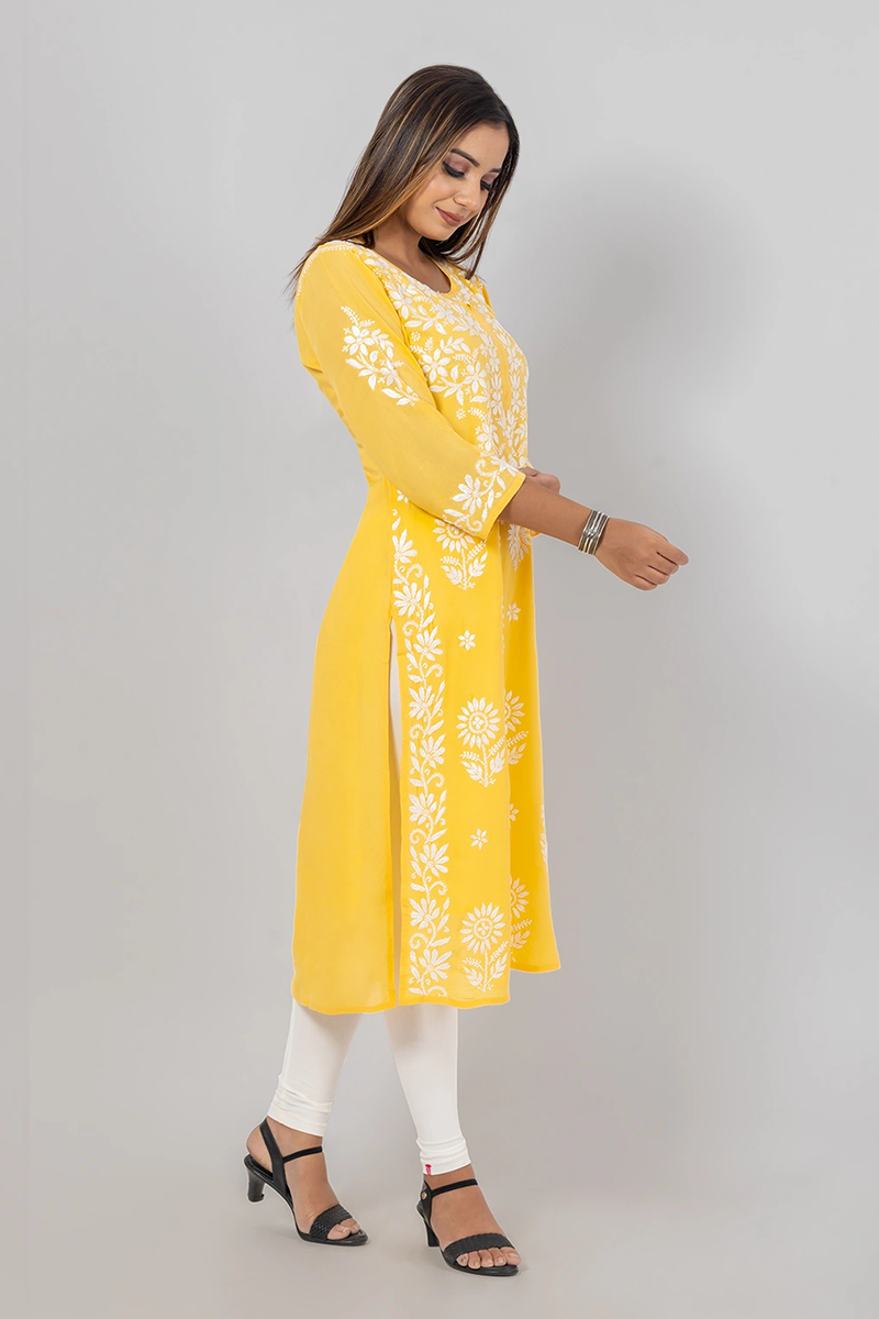 Hand Embroidered Lucknowi Chikankari Yellow Rayon Cotton Long  Kurti