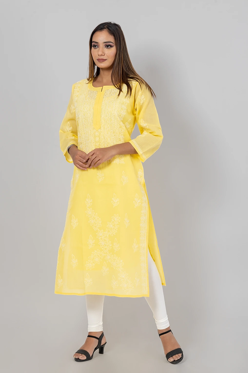 Hand Embroidered Lucknowi Chikankari Yellow Cotton Kurti