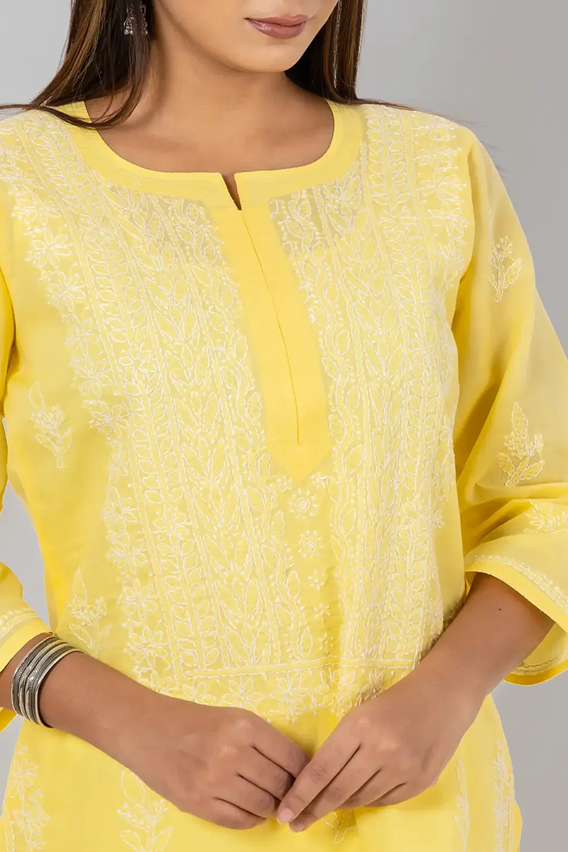 Hand Embroidered Lucknowi Chikankari Yellow Cotton Kurti