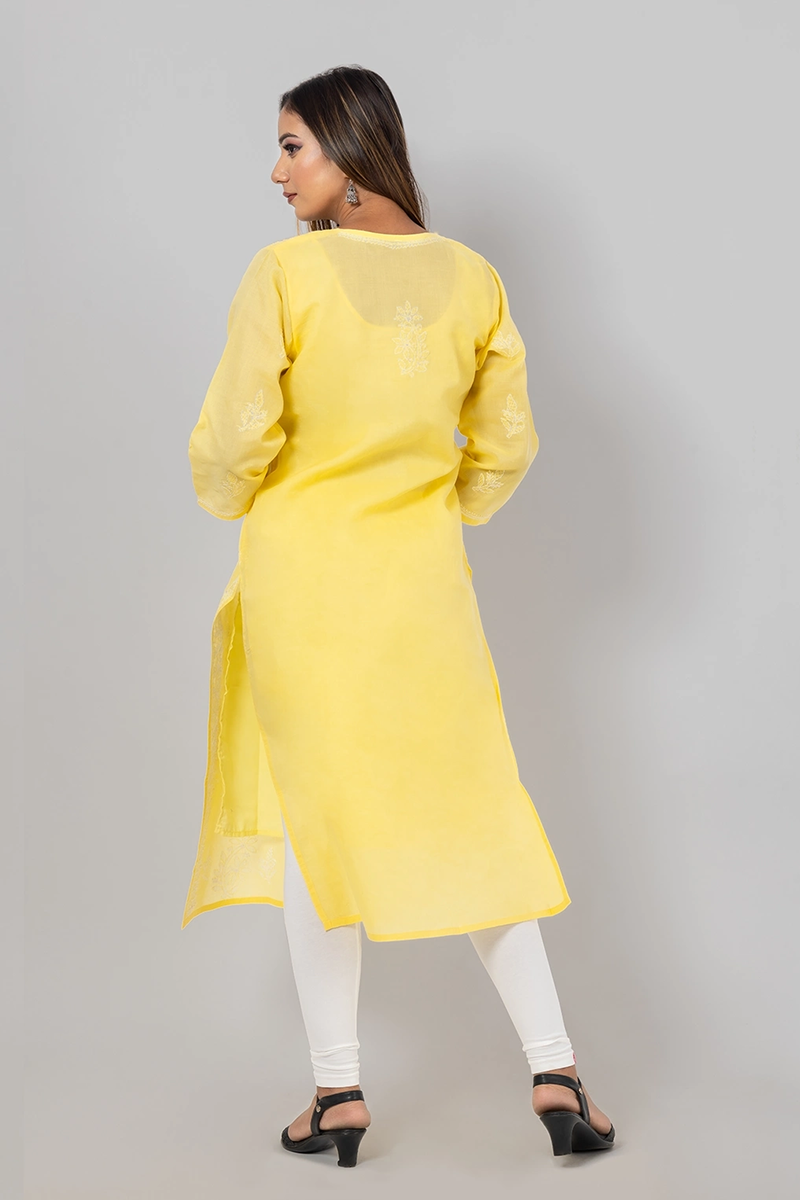 Hand Embroidered Lucknowi Chikankari Yellow Cotton Kurti