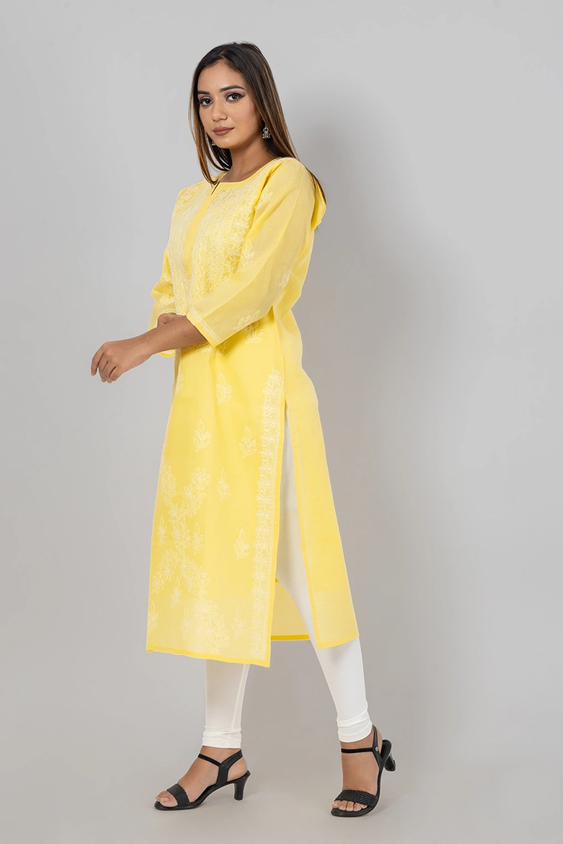 Hand Embroidered Lucknowi Chikankari Yellow Cotton Kurti