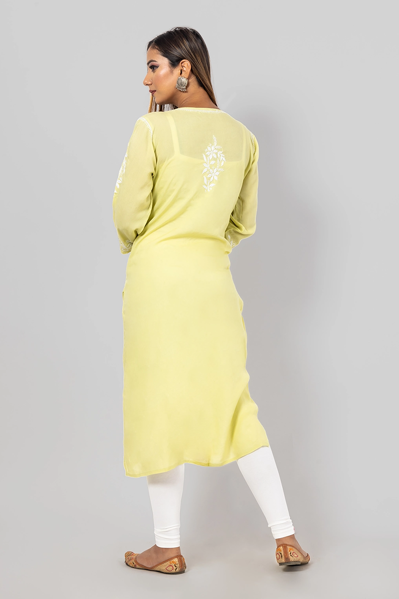 Hand Embroidered Lucknowi Chikankari Lemon Rayon Cotton Kurti