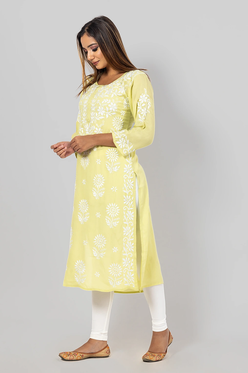 Hand Embroidered Lucknowi Chikankari Lemon Rayon Cotton Kurti