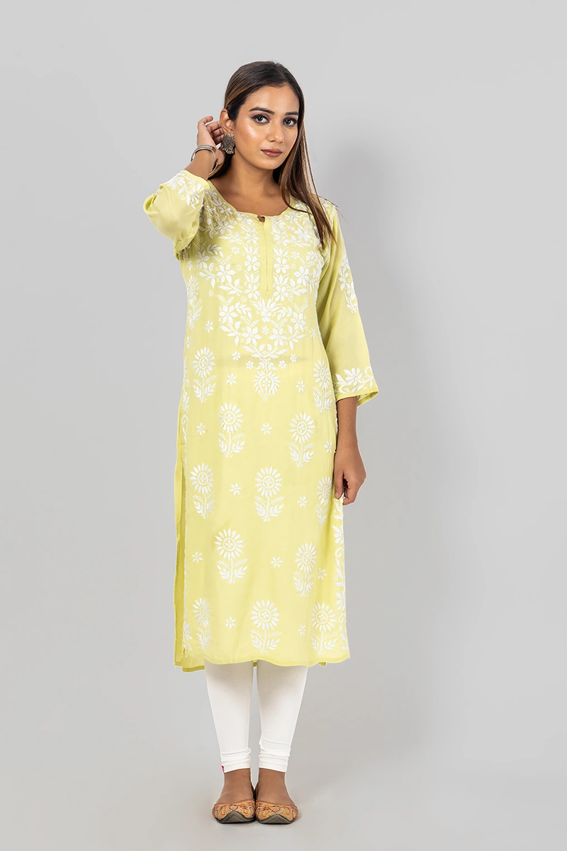 Hand Embroidered Lucknowi Chikankari Lemon Rayon Cotton Kurti