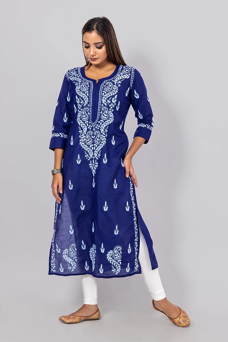 Hand Embroidered Lucknowi Chikankari Blue Cotton Kurti