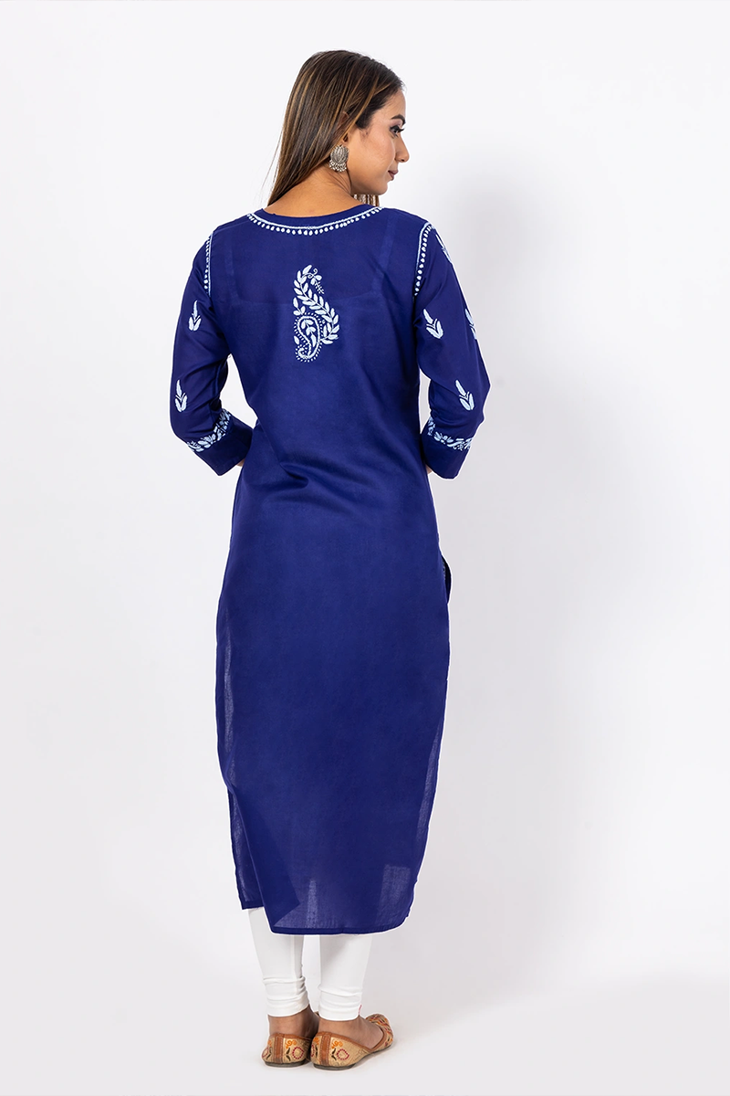 Hand Embroidered Lucknowi Chikankari Blue Cotton Kurti