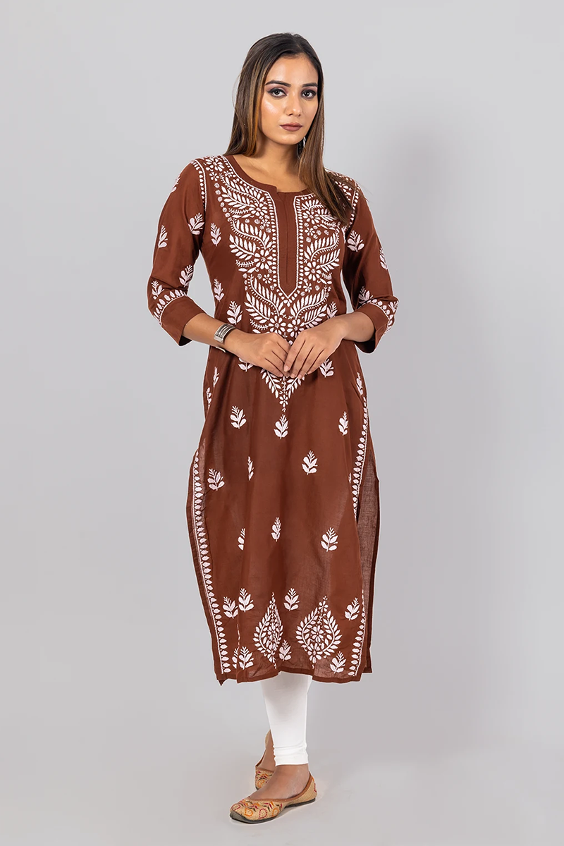 Hand Embroidered Lucknowi Chikankari Brown Cotton Kurti