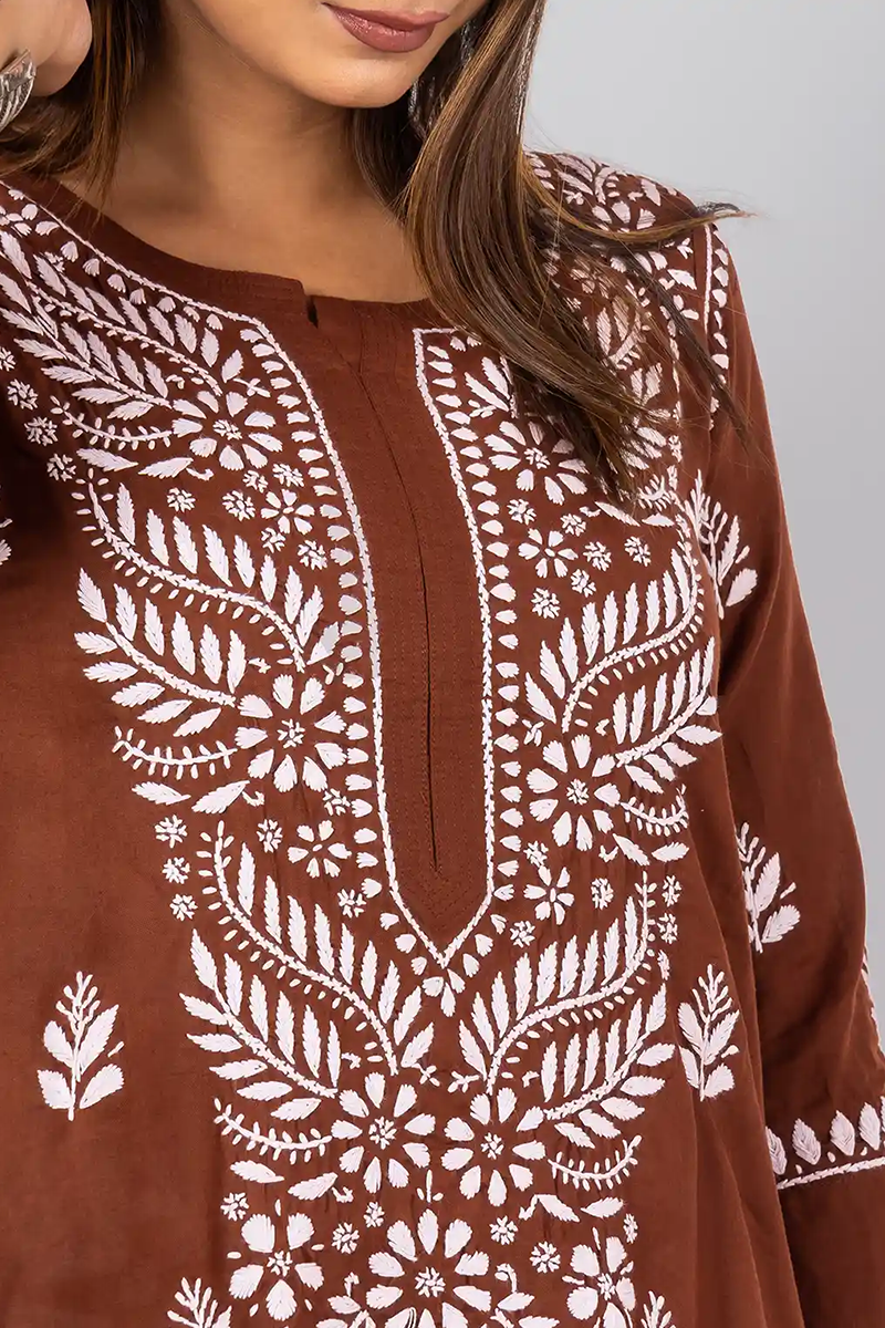 Hand Embroidered Lucknowi Chikankari Brown Cotton Kurti