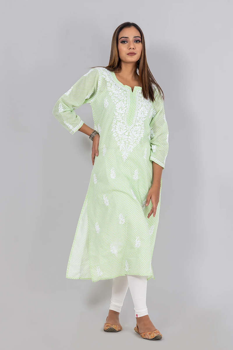 Hand Embroidered Lucknowi Chikankari Mint Green Cotton Kurti