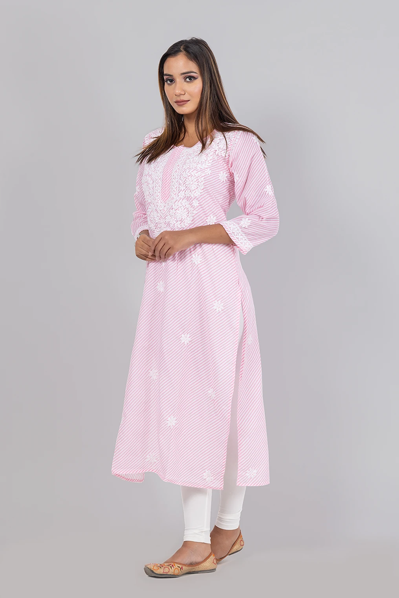 Hand Embroidered Lucknowi Chikankari Baby Pink Cotton Kurti