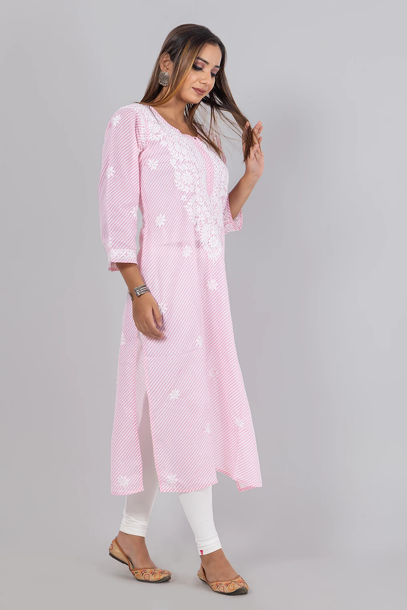 Hand Embroidered Lucknowi Chikankari Baby Pink Cotton Kurti