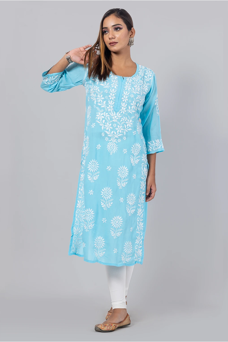 Hand Embroidered Lucknowi Chikankari Sky Blue  Rayon Cotton Kurti