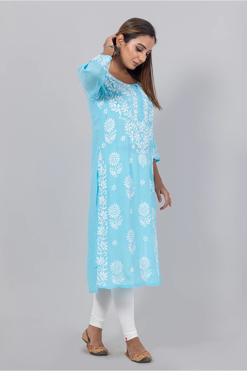 Hand Embroidered Lucknowi Chikankari Sky Blue  Rayon Cotton Kurti