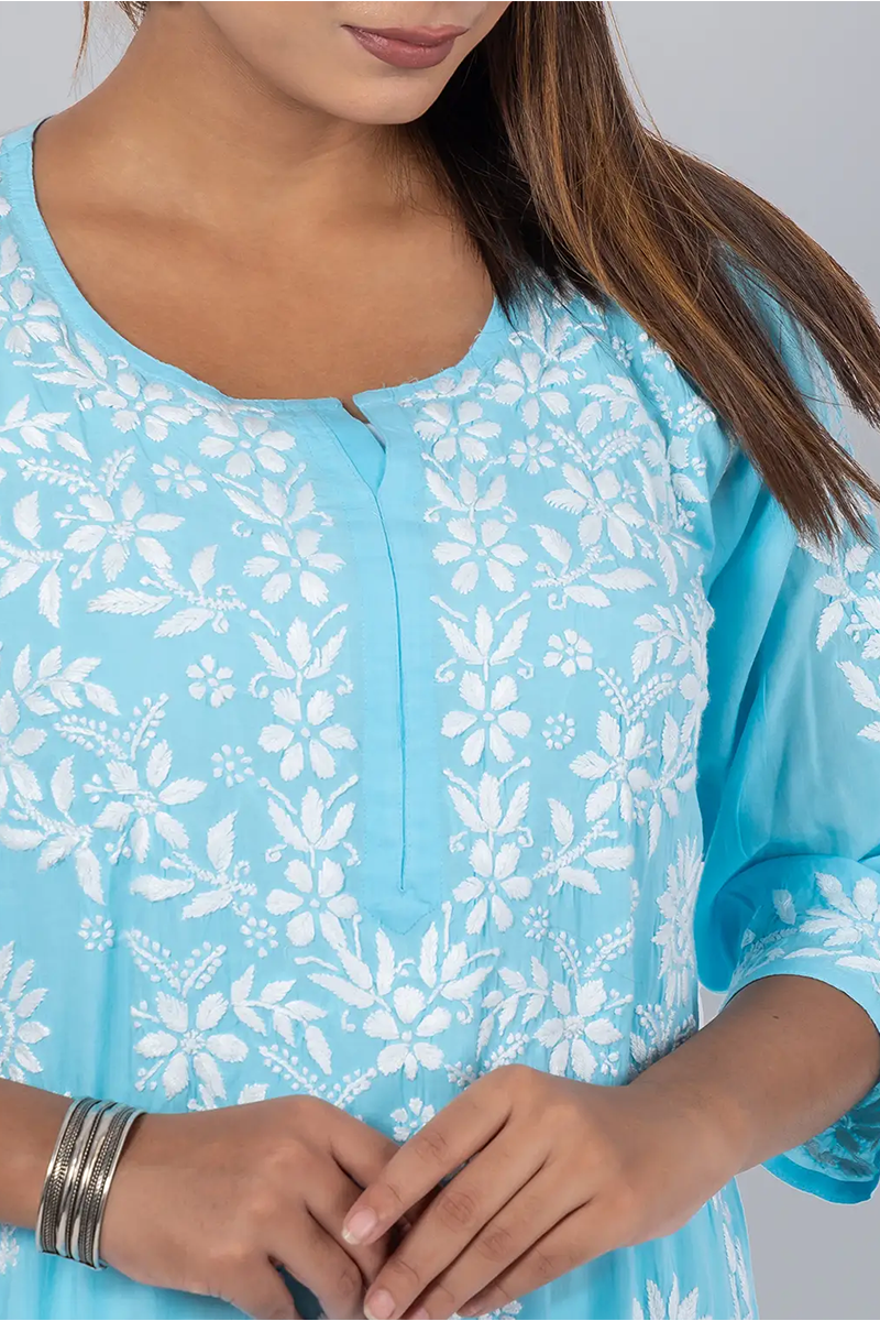 Hand Embroidered Lucknowi Chikankari Sky Blue  Rayon Cotton Kurti