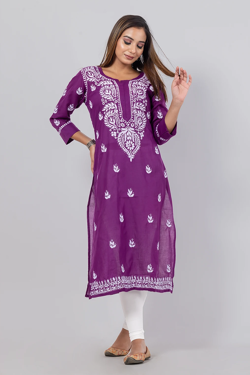 Hand Embroidered Lucknowi Chikankari Purple Cotton Kurti