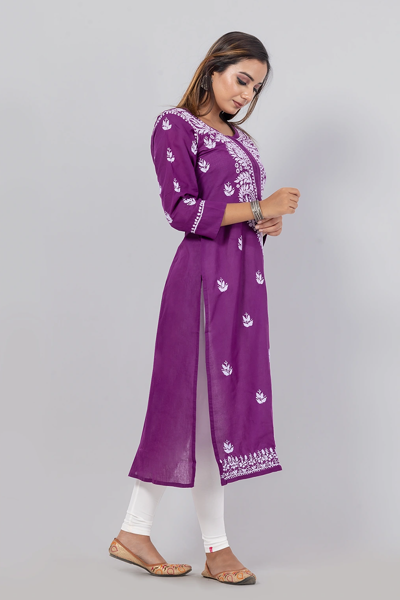 Hand Embroidered Lucknowi Chikankari Purple Cotton Kurti