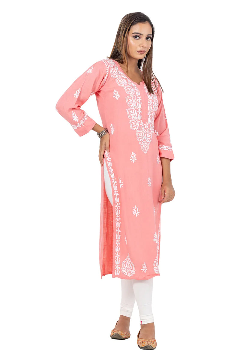 Hand Embroidered Peach Color Lucknowi Chikankari  Rayon Cotton Long Kurti