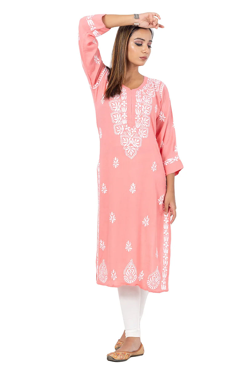 Hand Embroidered Peach Color Lucknowi Chikankari  Rayon Cotton Long Kurti