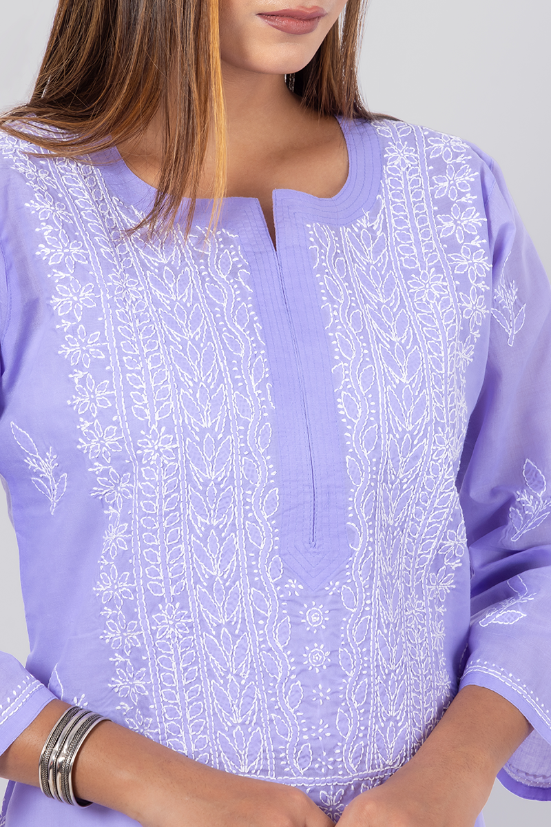 Hand Embroidered Lucknowi Chikankari Lavender Cotton Kurti