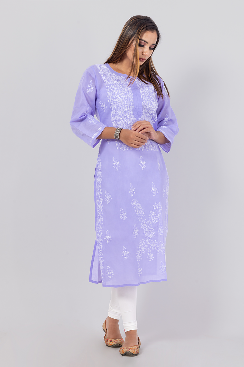 Hand Embroidered Lucknowi Chikankari Lavender Cotton Kurti