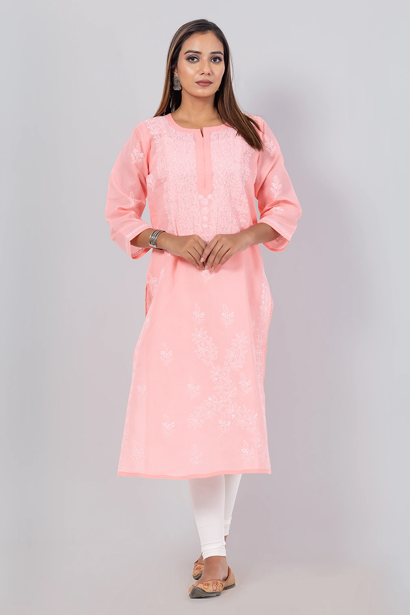 Hand Embroidered Lucknowi Chikankari Peach Cotton Kurti