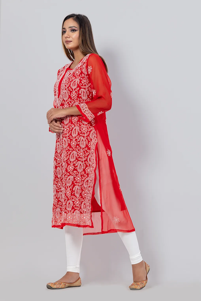 Hand Embroidered Lucknowi Chikankari Red Georgette Kurti