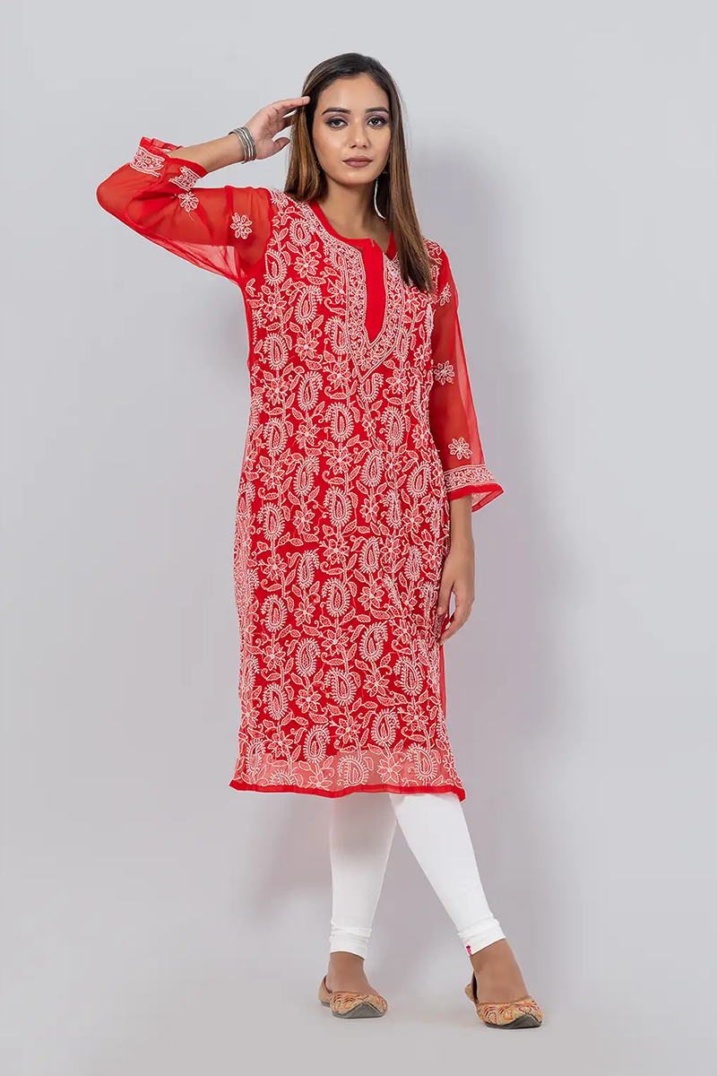 Hand Embroidered Lucknowi Chikankari Red Georgette Kurti