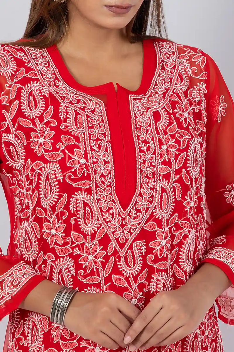 Hand Embroidered Lucknowi Chikankari Red Georgette Kurti