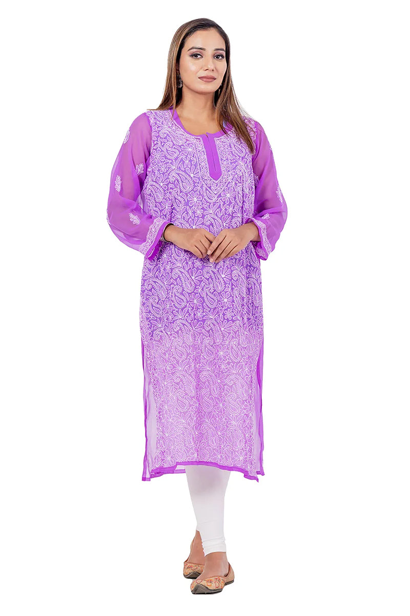 Hand Embroidered Purple Color Lucknowi Chikankari Georgette Long Kurti