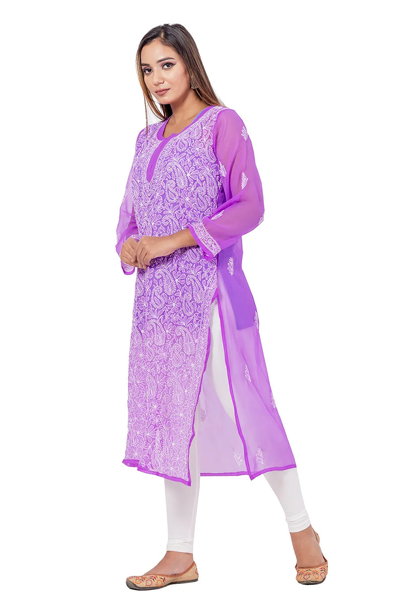 Hand Embroidered Purple Color Lucknowi Chikankari Georgette Long Kurti