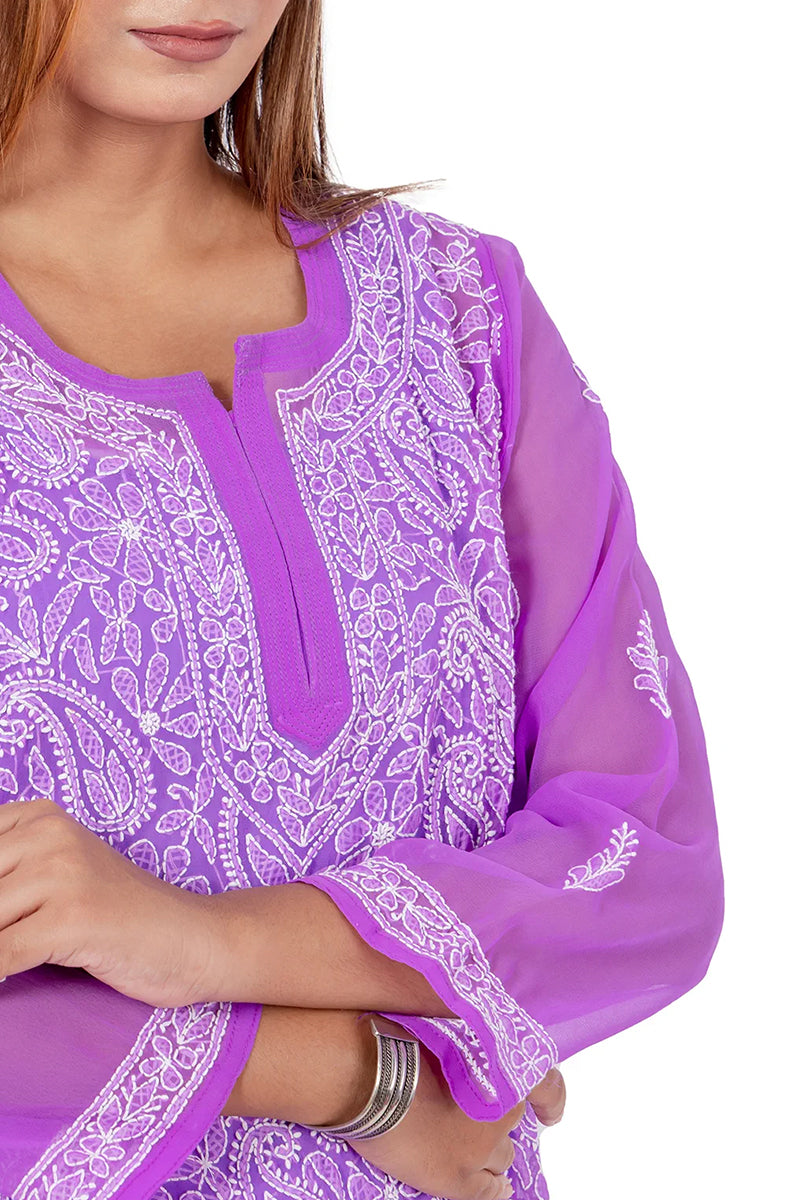 Hand Embroidered Purple Color Lucknowi Chikankari Georgette Long Kurti