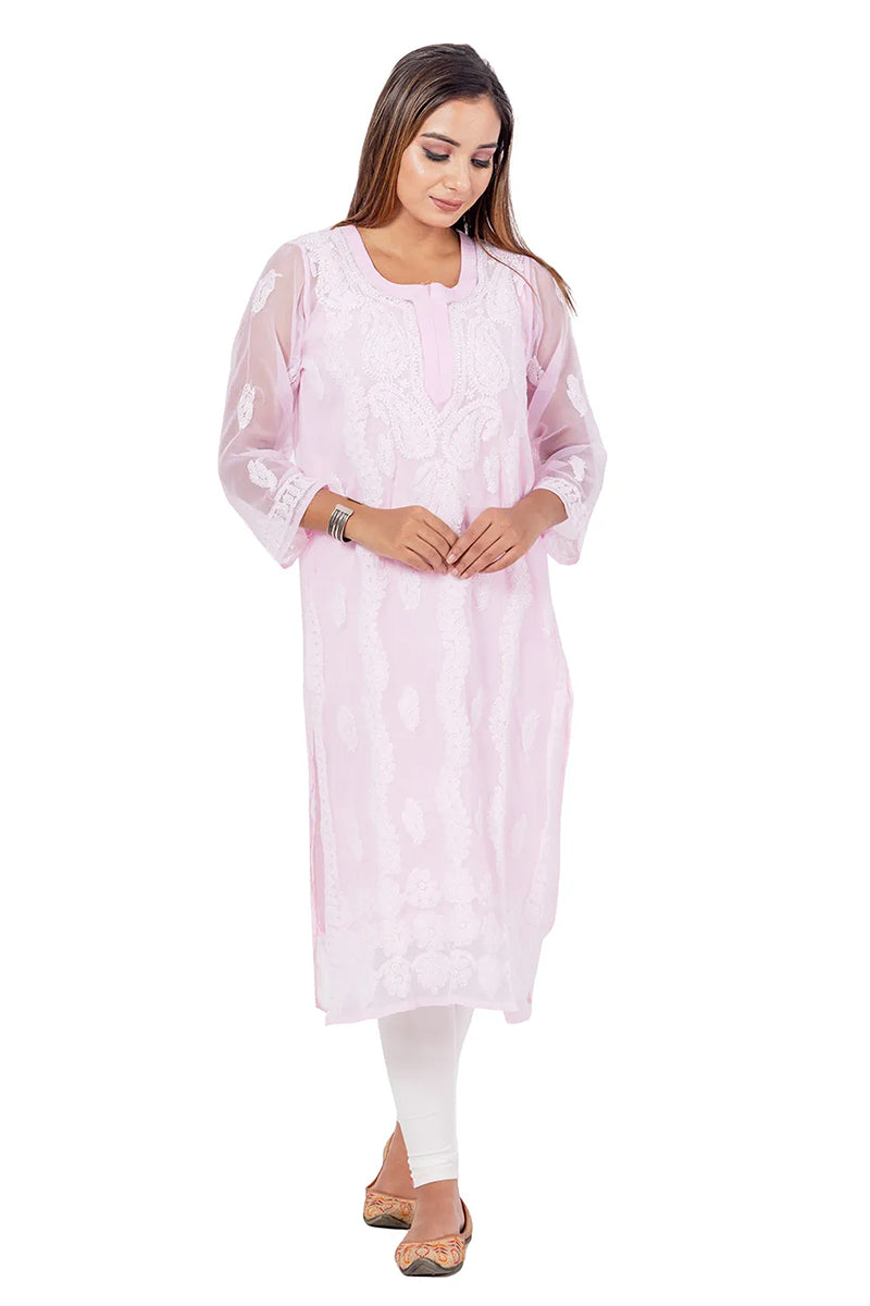 Hand Embroidered Baby Pink Color Lucknowi Chikankari Georgette Long Kurti