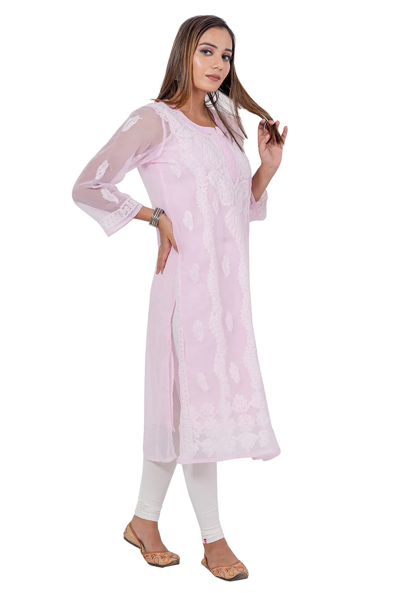 Hand Embroidered Baby Pink Color Lucknowi Chikankari Georgette Long Kurti