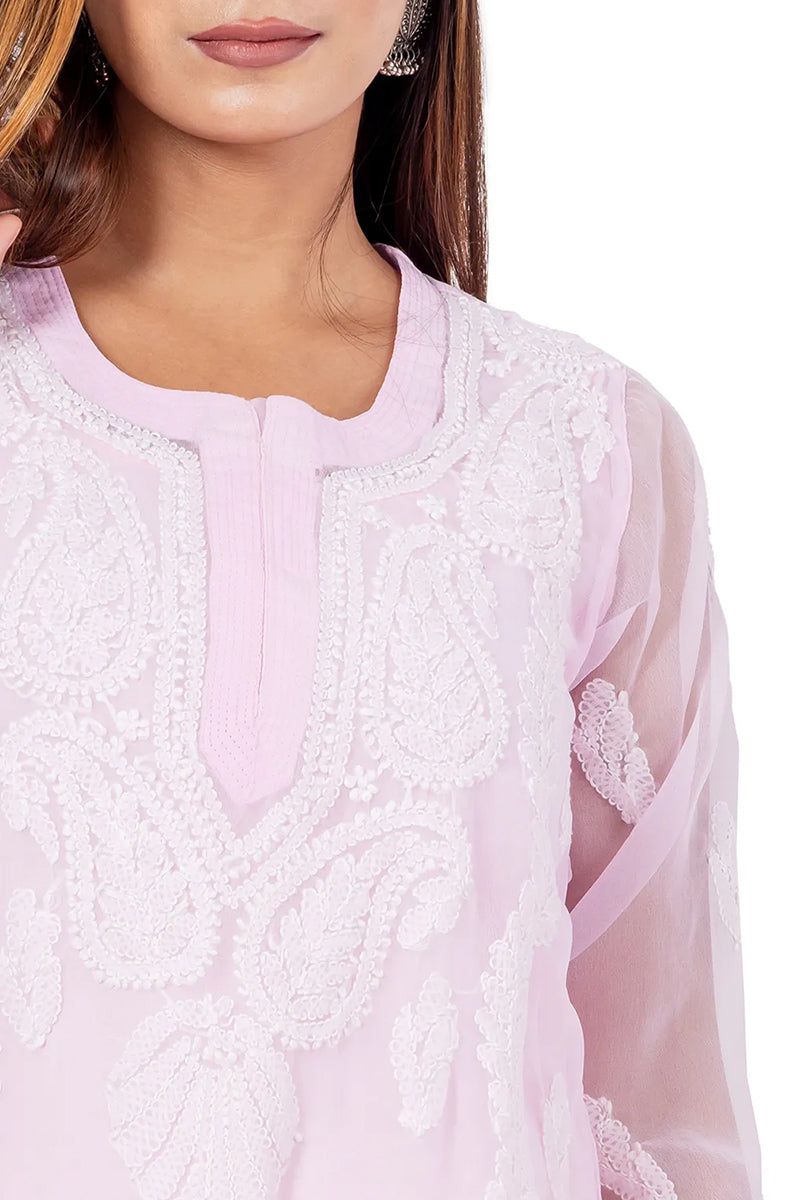 Hand Embroidered Baby Pink Color Lucknowi Chikankari Georgette Long Kurti