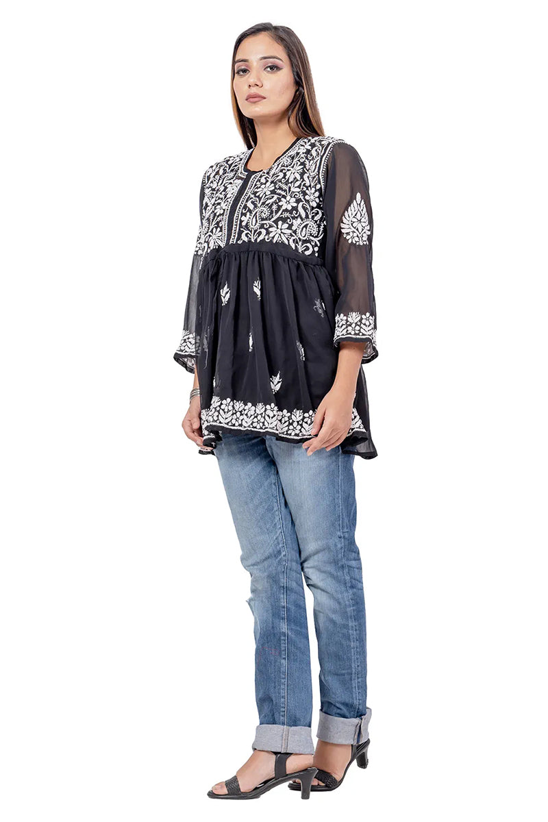 Hand Embroidered Lucknowi Chikankari Black Georgette Short Tops