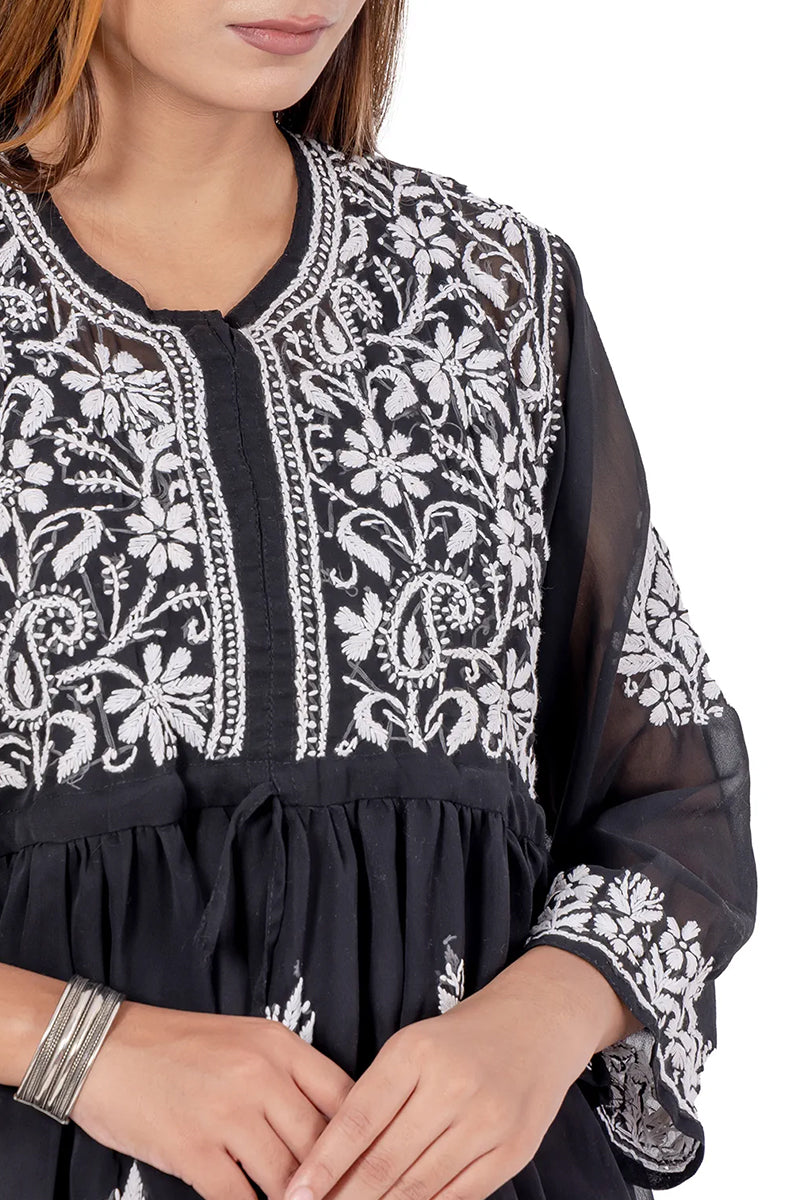 Hand Embroidered Lucknowi Chikankari Black Georgette Short Tops