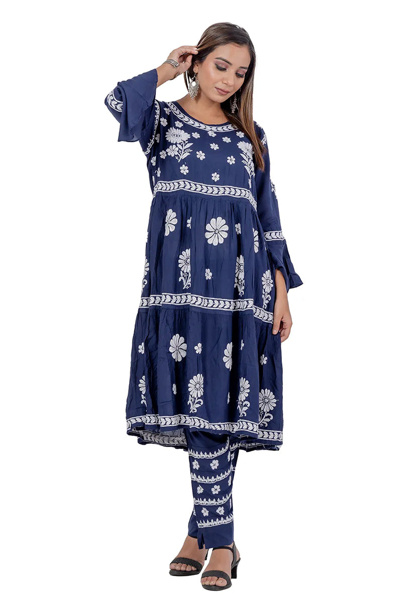 Blue Color Rayon Cotton Lucknowi Chikankari A-Line Kurta Bottom Set