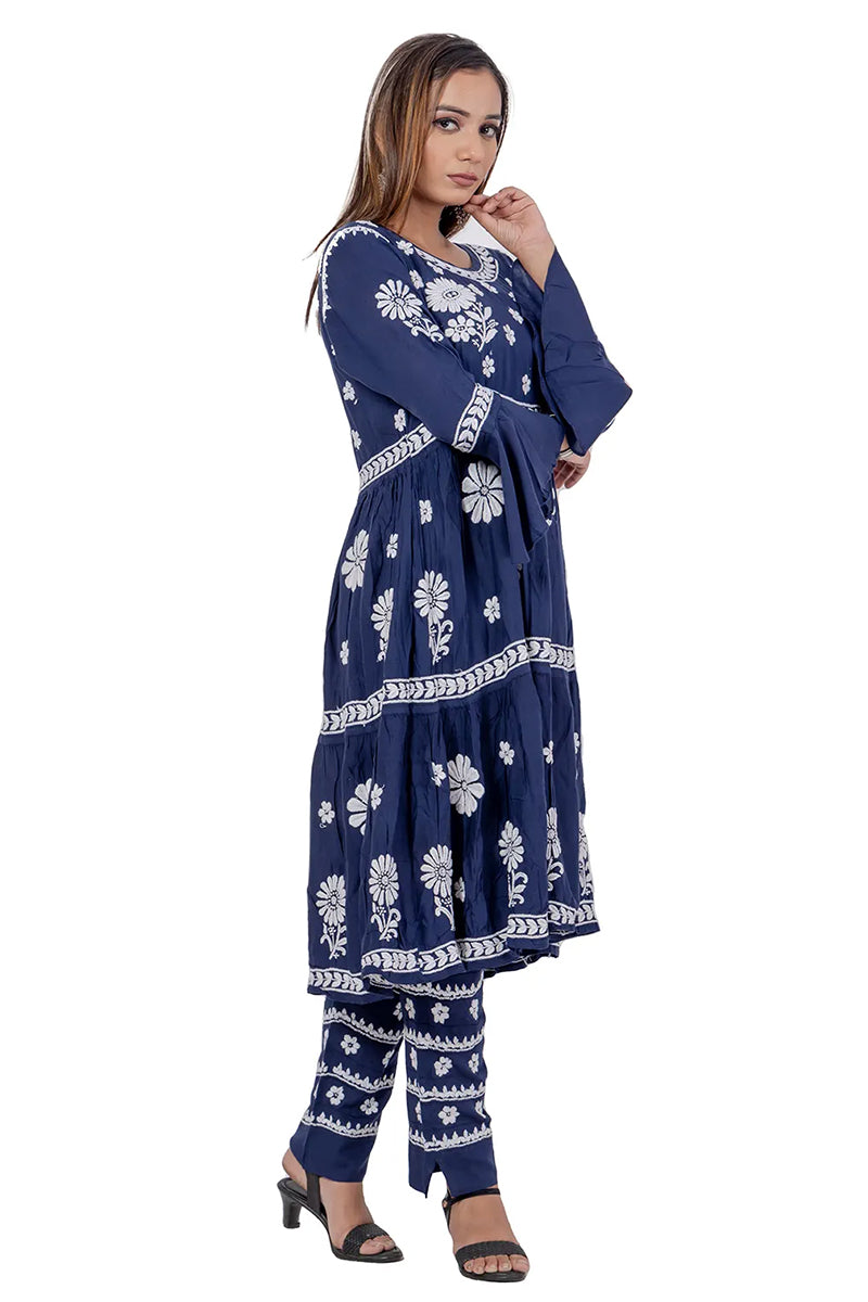 Blue Color Rayon Cotton Lucknowi Chikankari A-Line Kurta Bottom Set