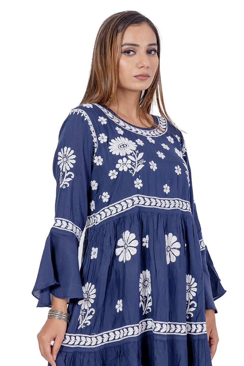 Blue Color Rayon Cotton Lucknowi Chikankari A-Line Kurta Bottom Set