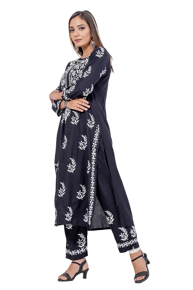 Black Color Rayon Cotton Lucknowi Chikankari Kurta Bottom Set