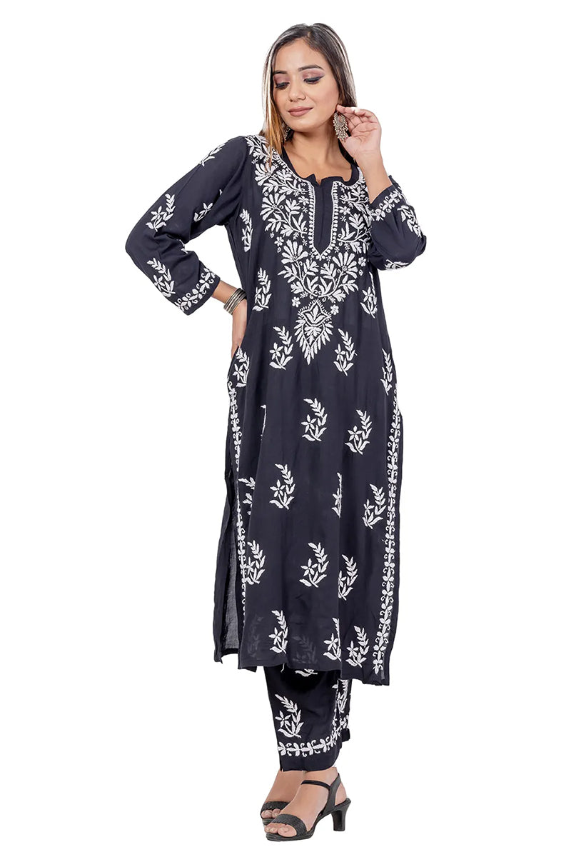 Black Color Rayon Cotton Lucknowi Chikankari Kurta Bottom Set