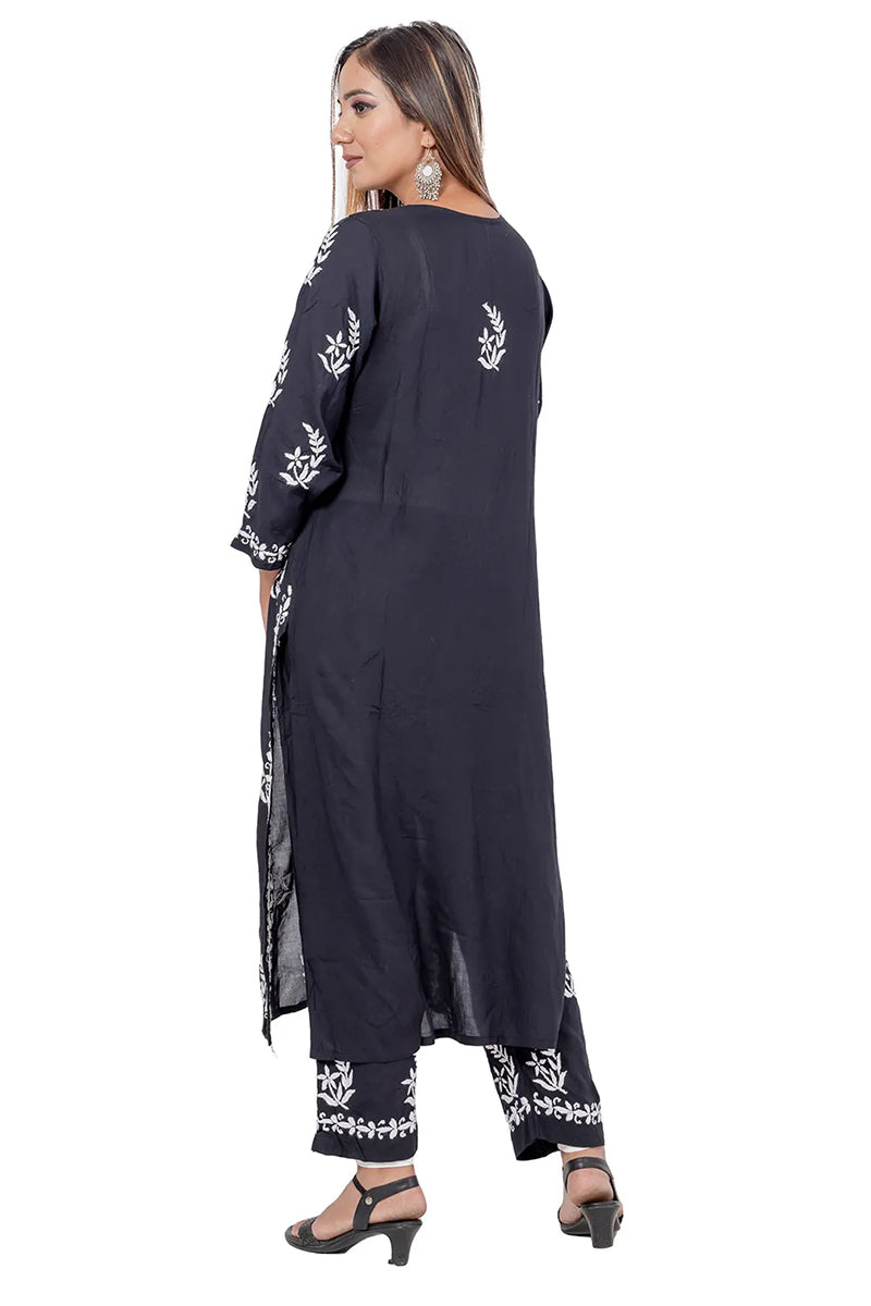 Black Color Rayon Cotton Lucknowi Chikankari Kurta Bottom Set