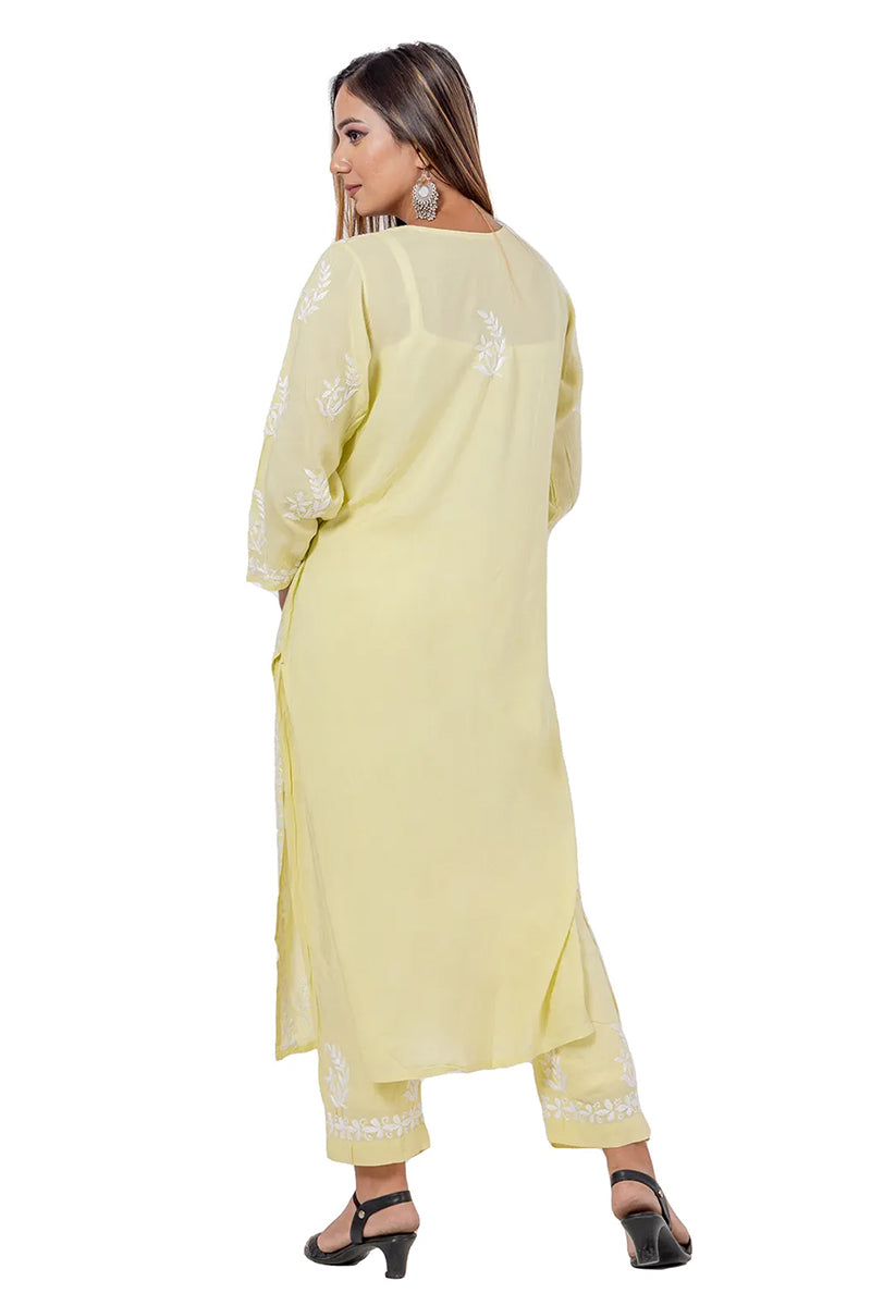 Lemon Color Rayon Cotton Lucknowi Chikankari Kurta Bottom Set