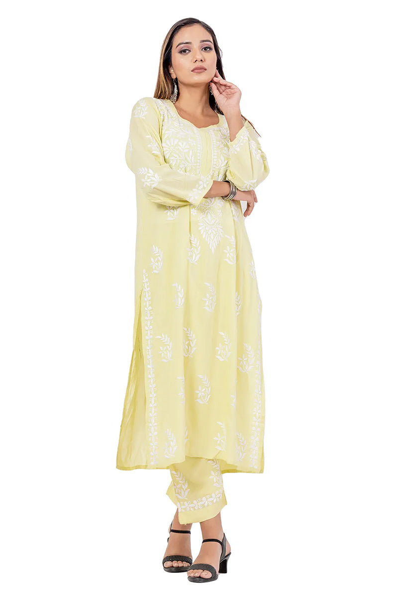 Lemon Color Rayon Cotton Lucknowi Chikankari Kurta Bottom Set