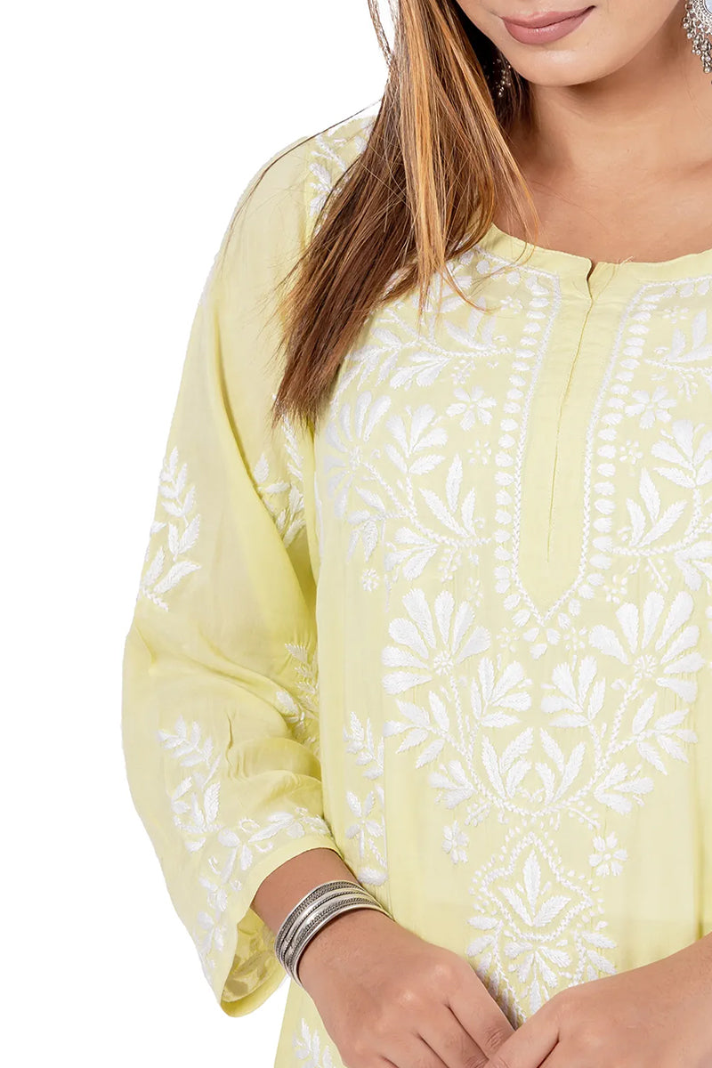 Lemon Color Rayon Cotton Lucknowi Chikankari Kurta Bottom Set