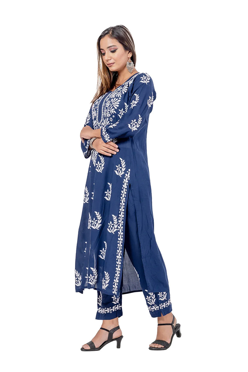 Blue Color Rayon Cotton Lucknowi Chikankari Kurta Bottom Set