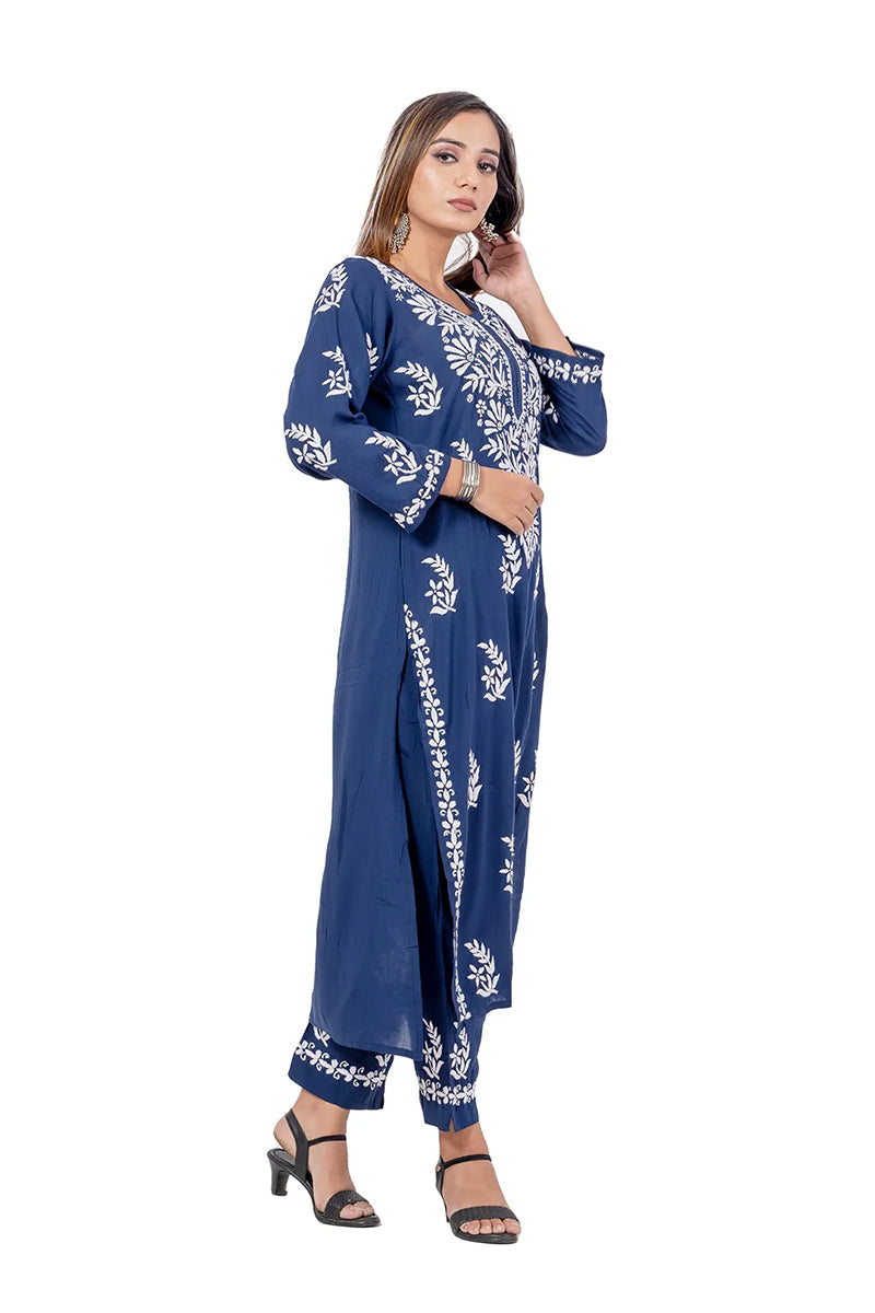 Blue Color Rayon Cotton Lucknowi Chikankari Kurta Bottom Set