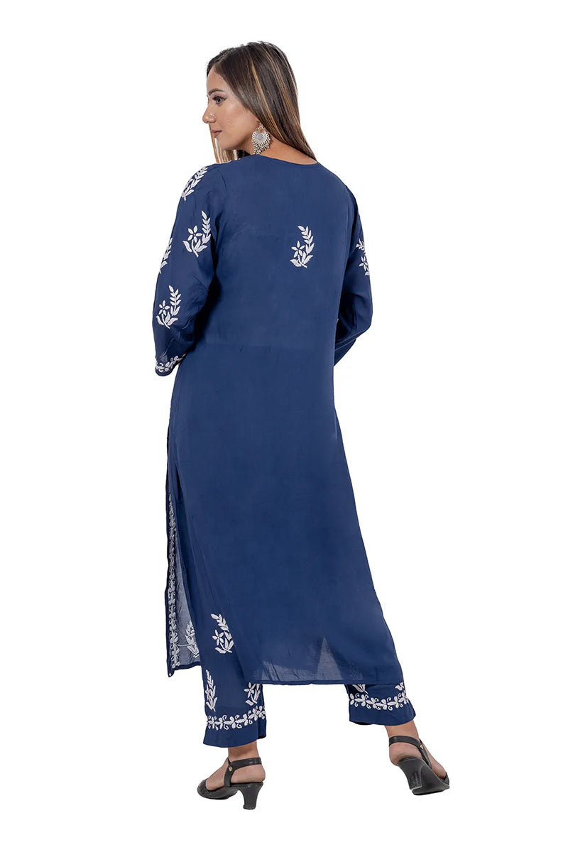 Blue Color Rayon Cotton Lucknowi Chikankari Kurta Bottom Set